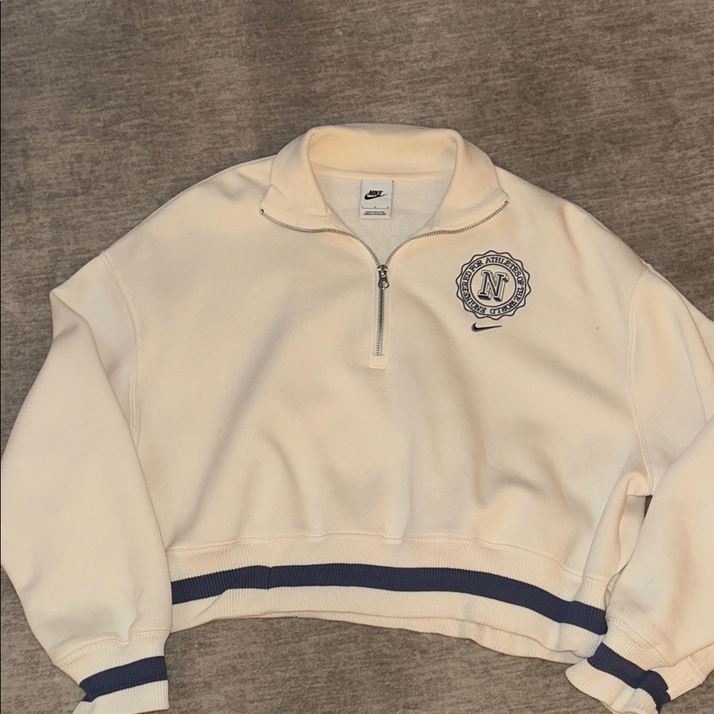 Nike Men's Zip-Up Cream Sweater with Blue Trim